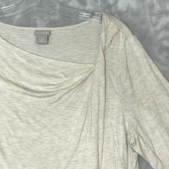Chicos Top Womens Large Heathered Oatmeal Modal Asymmetric Collar Short Sleeve - Picture 3 of 8